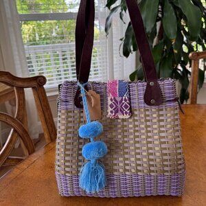 Handwoven Plastic Tote Bag with Leather Straps & Blue Tassel – Unique & Stylish
